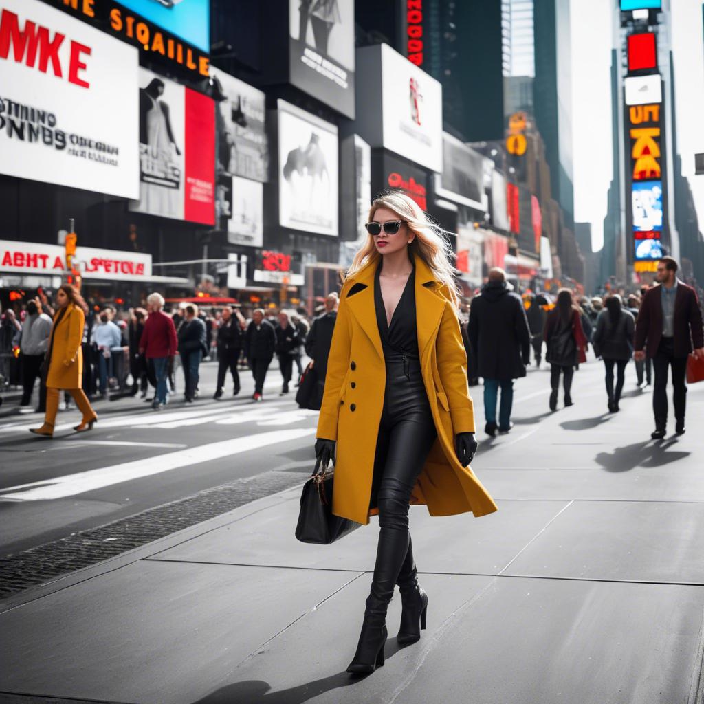 A stunning image of modern fashionista walking in times square.