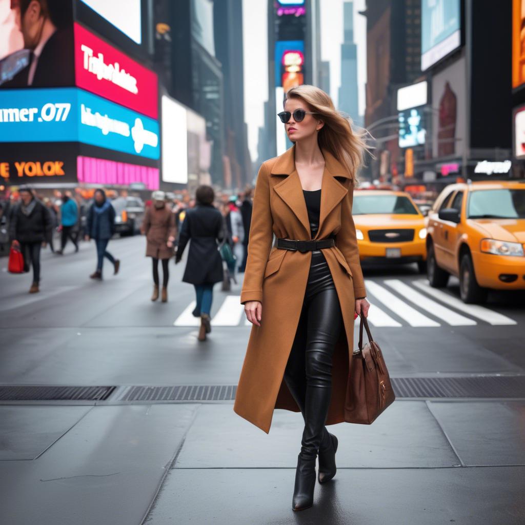 A stunning image of modern fashionista walking in times square.