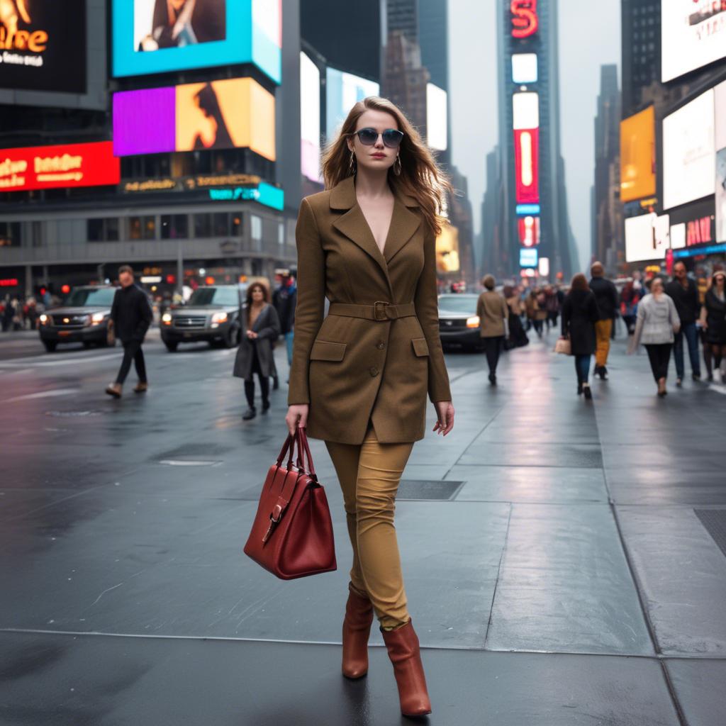 A stunning image of modern fashionista walking in times square.