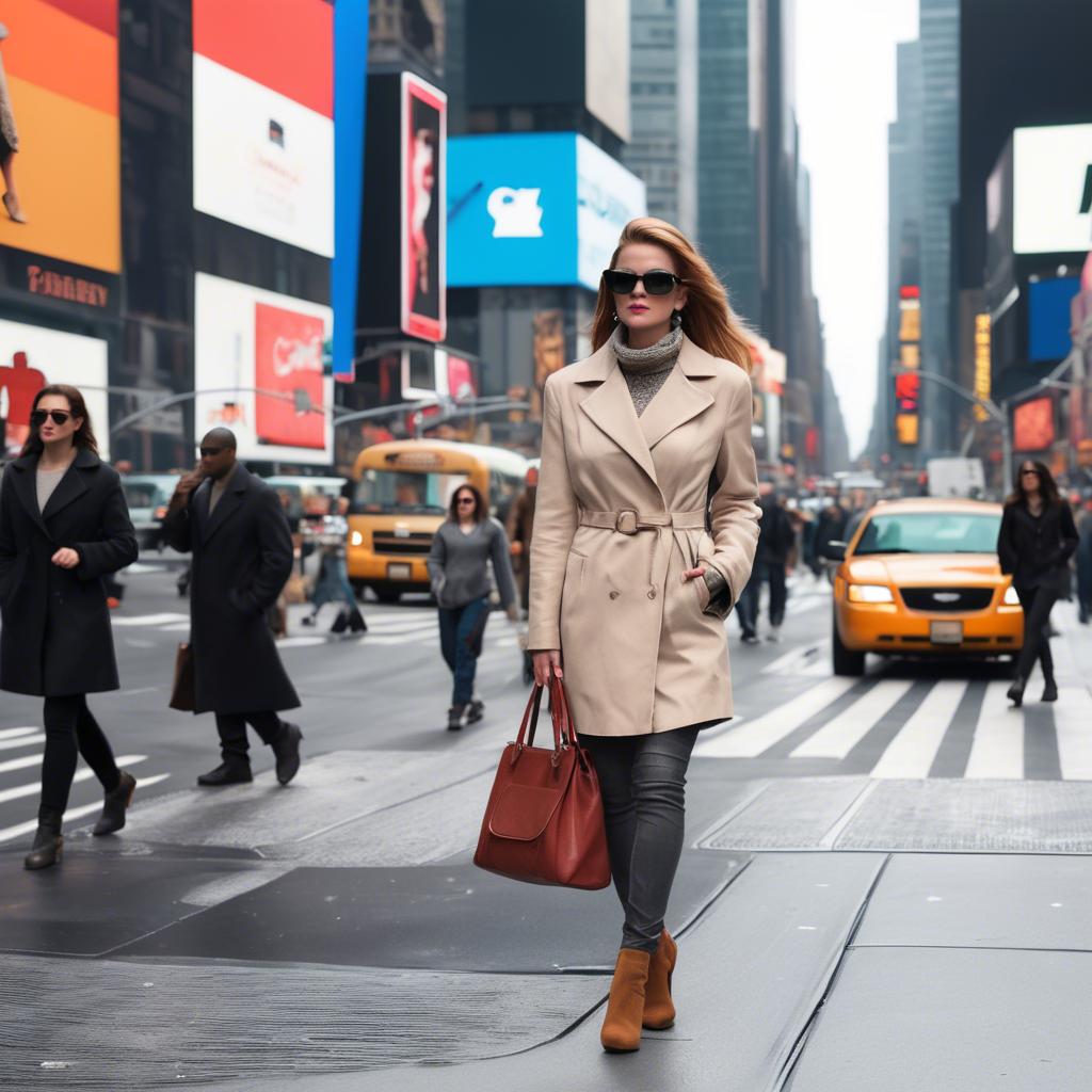 A stunning image of modern fashionista walking in times square.