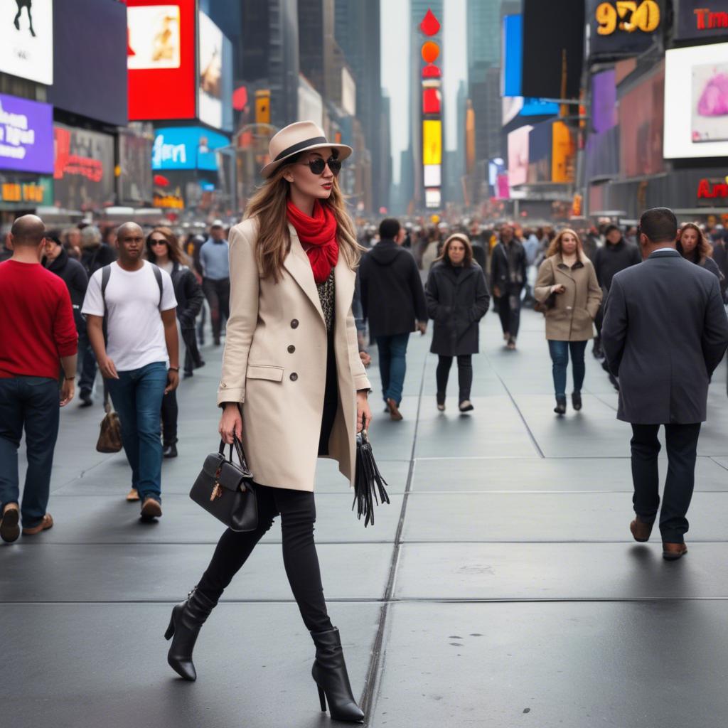 A stunning image of modern fashionista walking in times square.