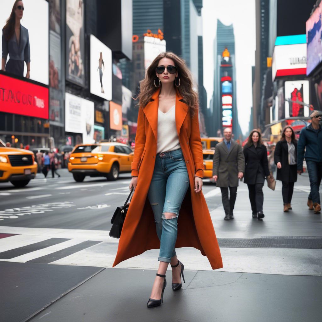 A stunning image of modern fashionista walking in times square.