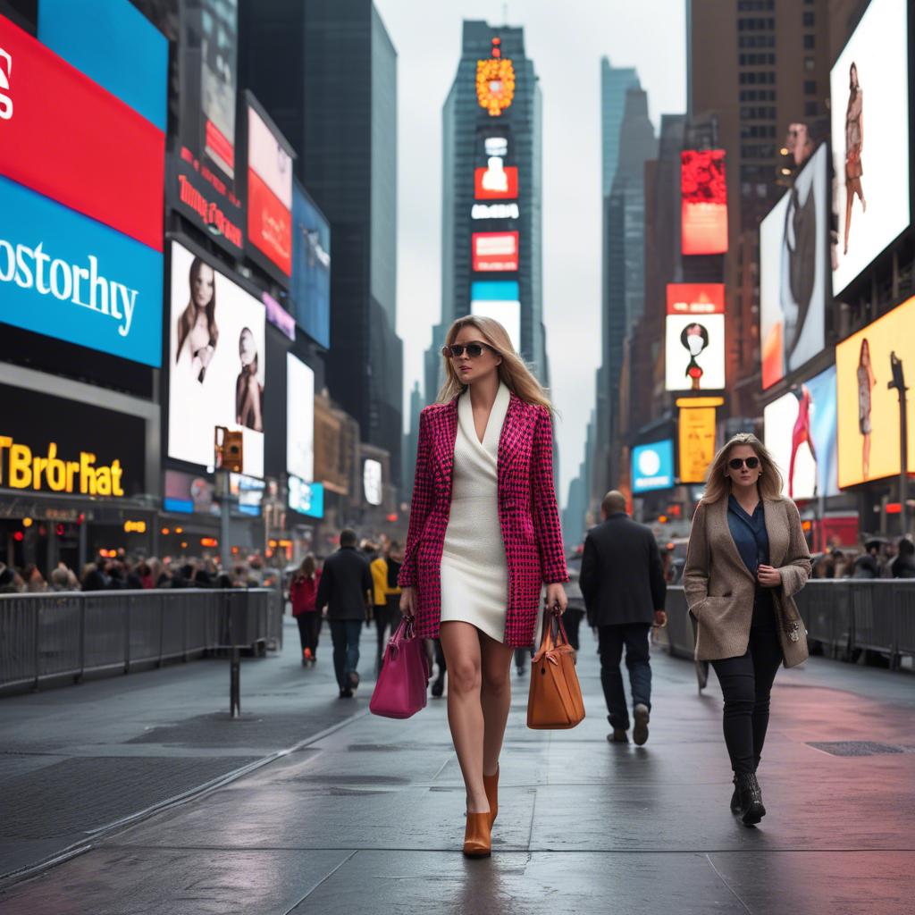 A stunning image of modern fashionista walking in times square.