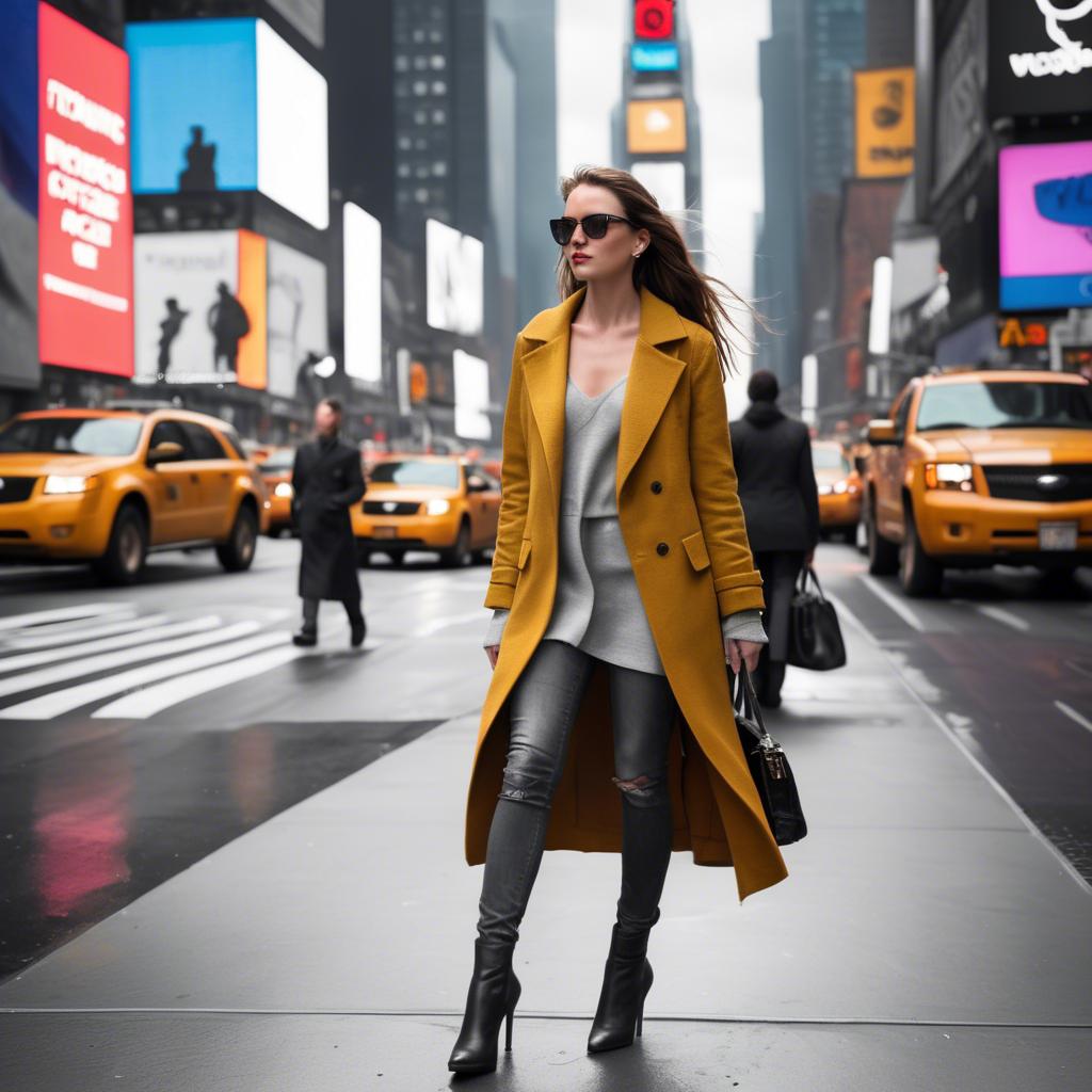 A stunning image of modern fashionista walking in times square.