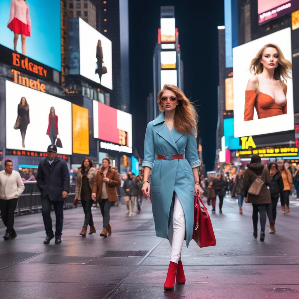 A stunning image of modern fashionista walking in times square.