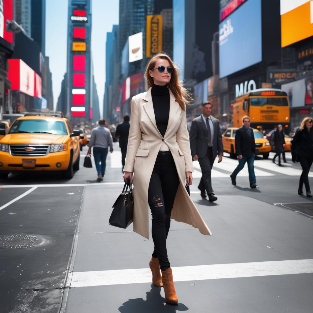 A stunning image of modern fashionista walking in times square.