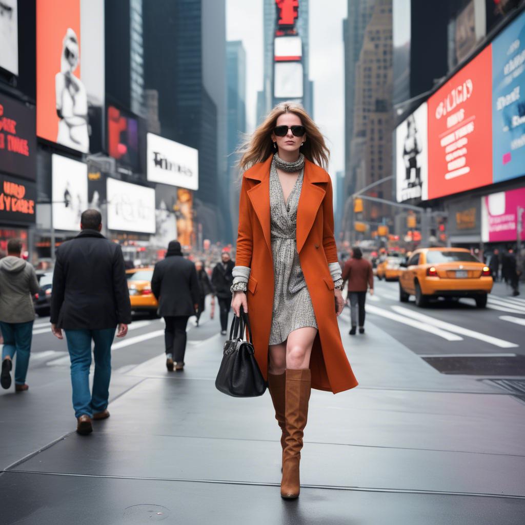 A stunning image of modern fashionista walking in times square.
