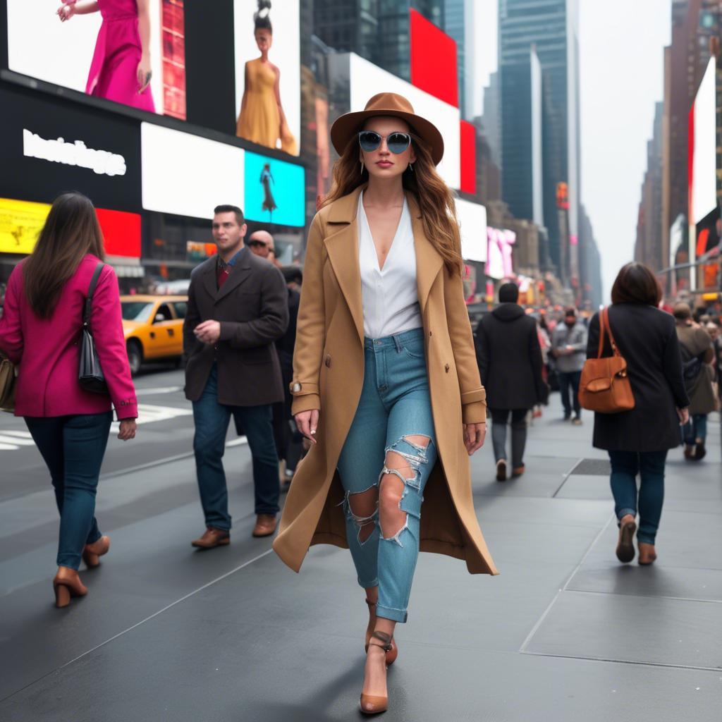 A stunning image of modern fashionista walking in times square.