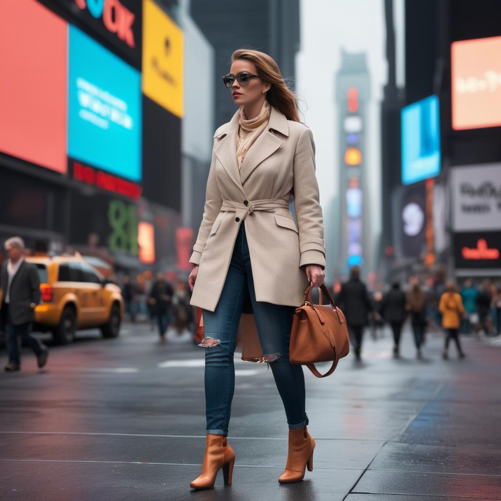 A stunning image of modern fashionista walking in times square.