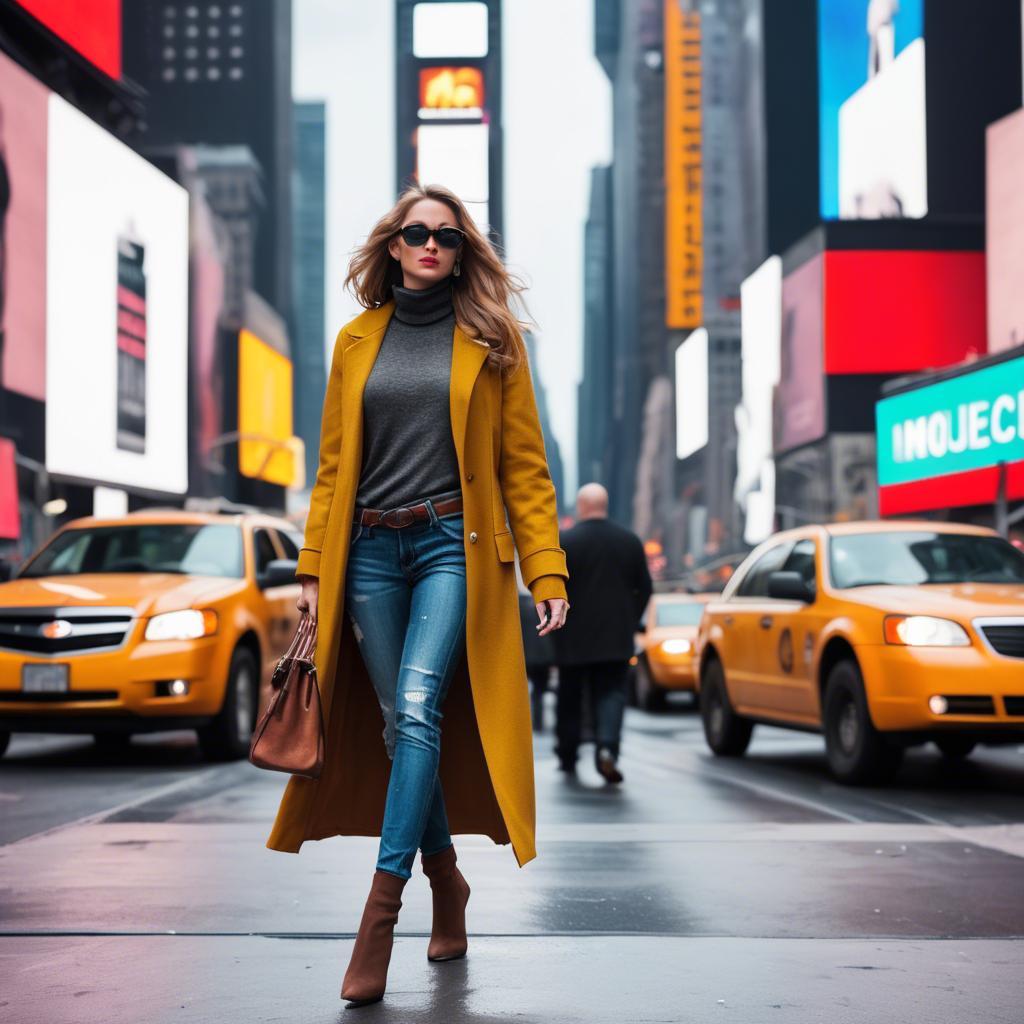A stunning image of modern fashionista walking in times square.