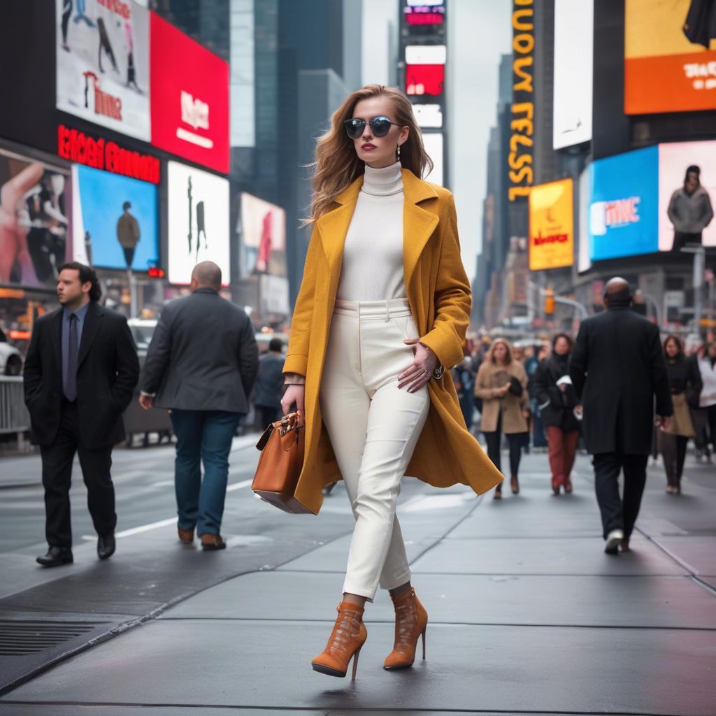 A stunning image of modern fashionista walking in times square.