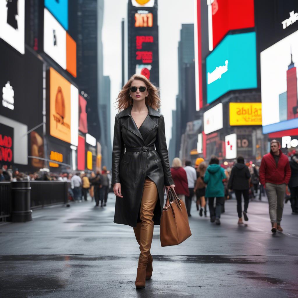 A stunning image of modern fashionista walking in times square.