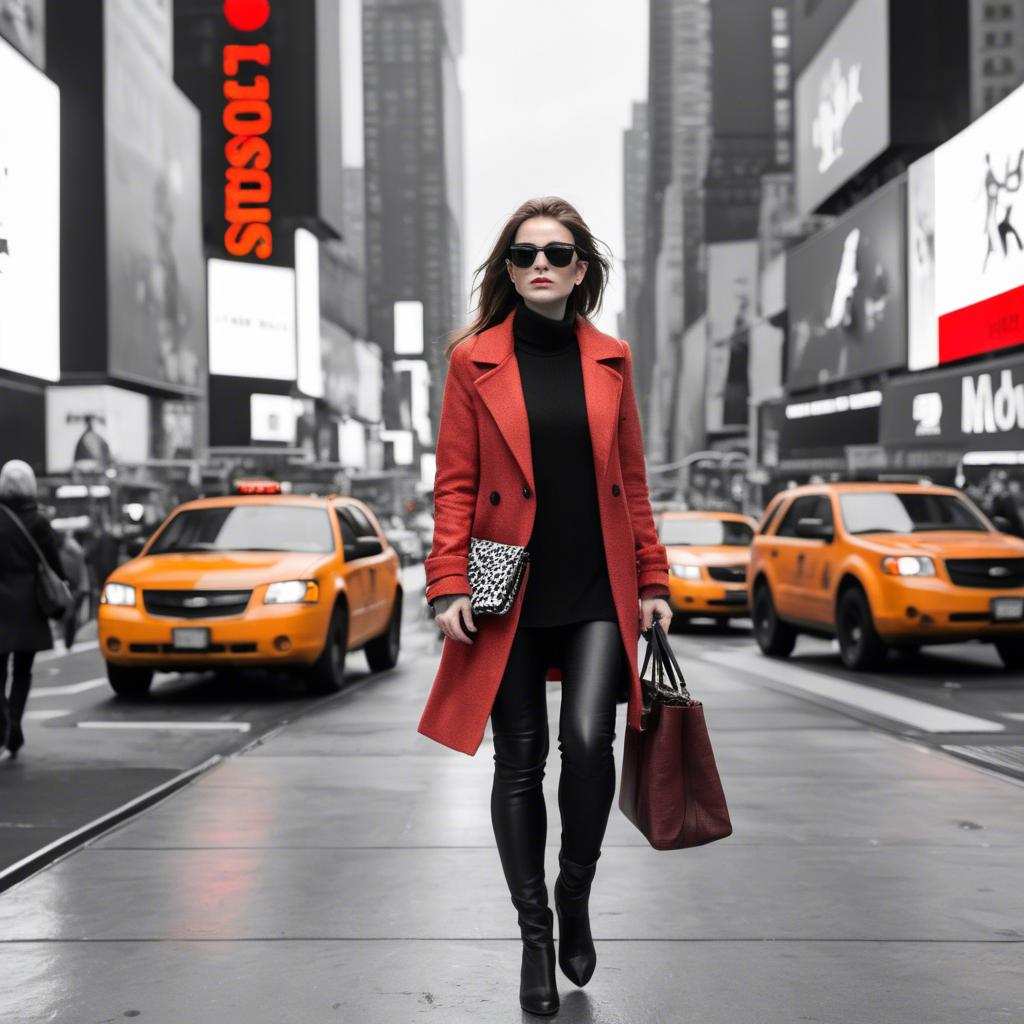A stunning image of modern fashionista walking in times square.