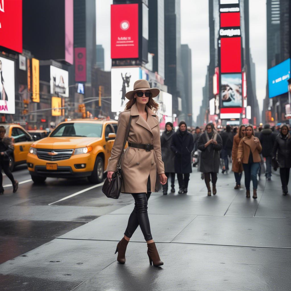 A stunning image of modern fashionista walking in times square.