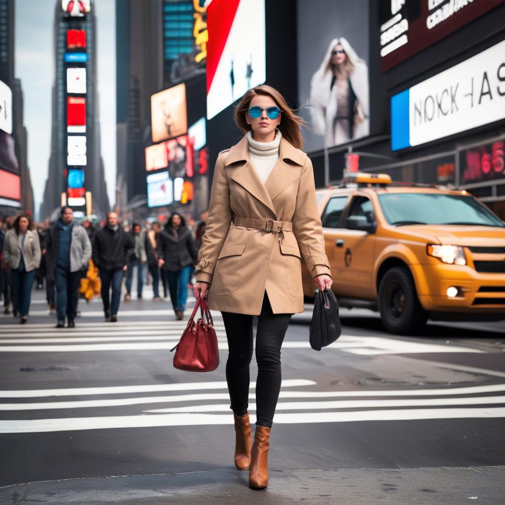 A stunning image of modern fashionista walking in times square.