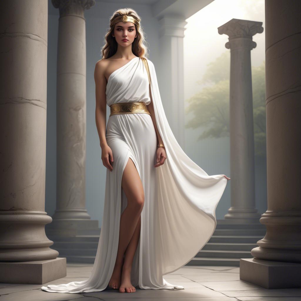 A stunning image of modern goddess in a white toga-style dress.