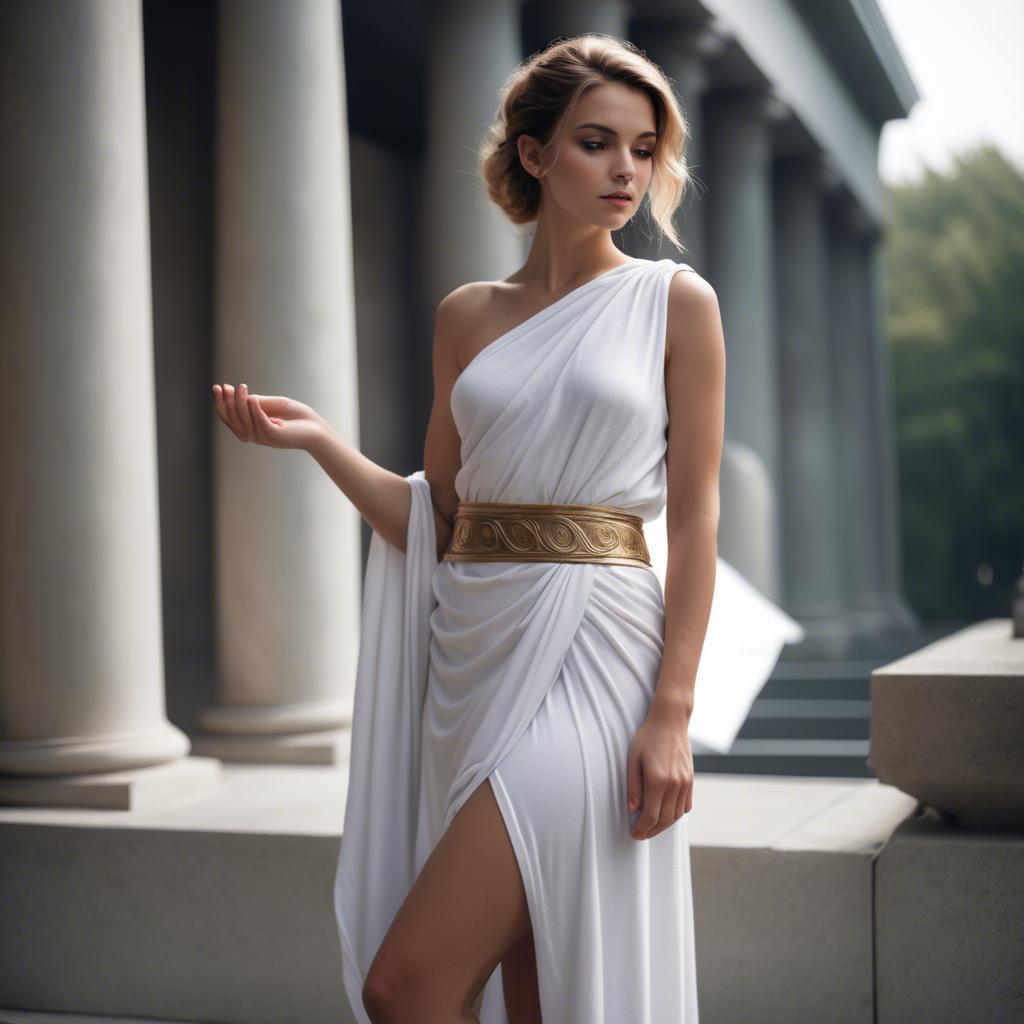 A stunning image of modern goddess in a white toga-style dress.