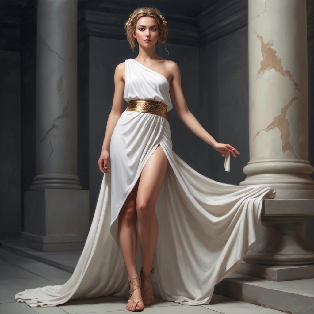 A stunning image of modern goddess in a white toga-style dress.