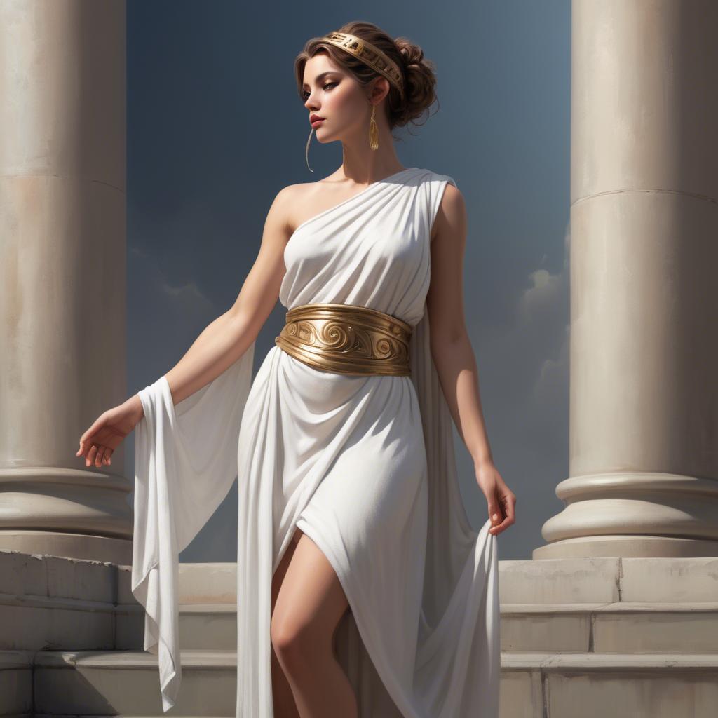 A stunning image of modern goddess in a white toga-style dress.