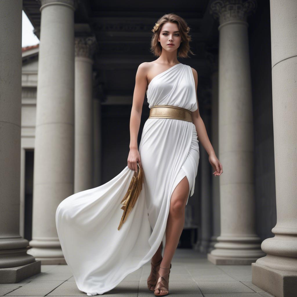 A stunning image of modern goddess in a white toga-style dress.