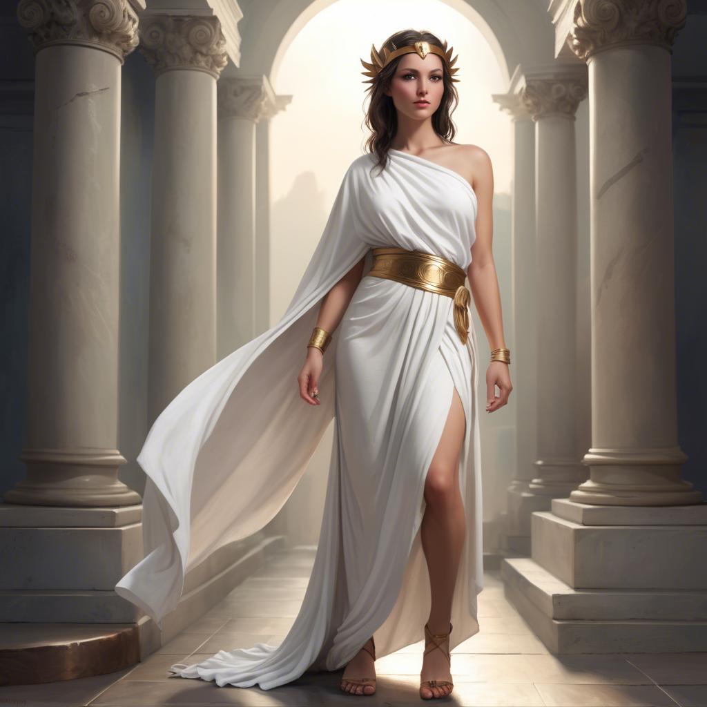 A stunning image of modern goddess in a white toga-style dress.
