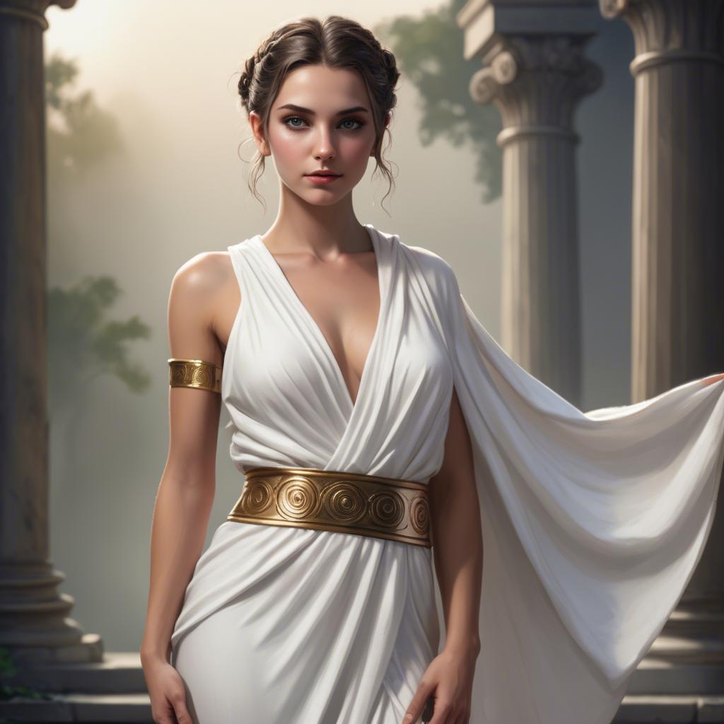 A stunning image of modern goddess in a white toga-style dress.