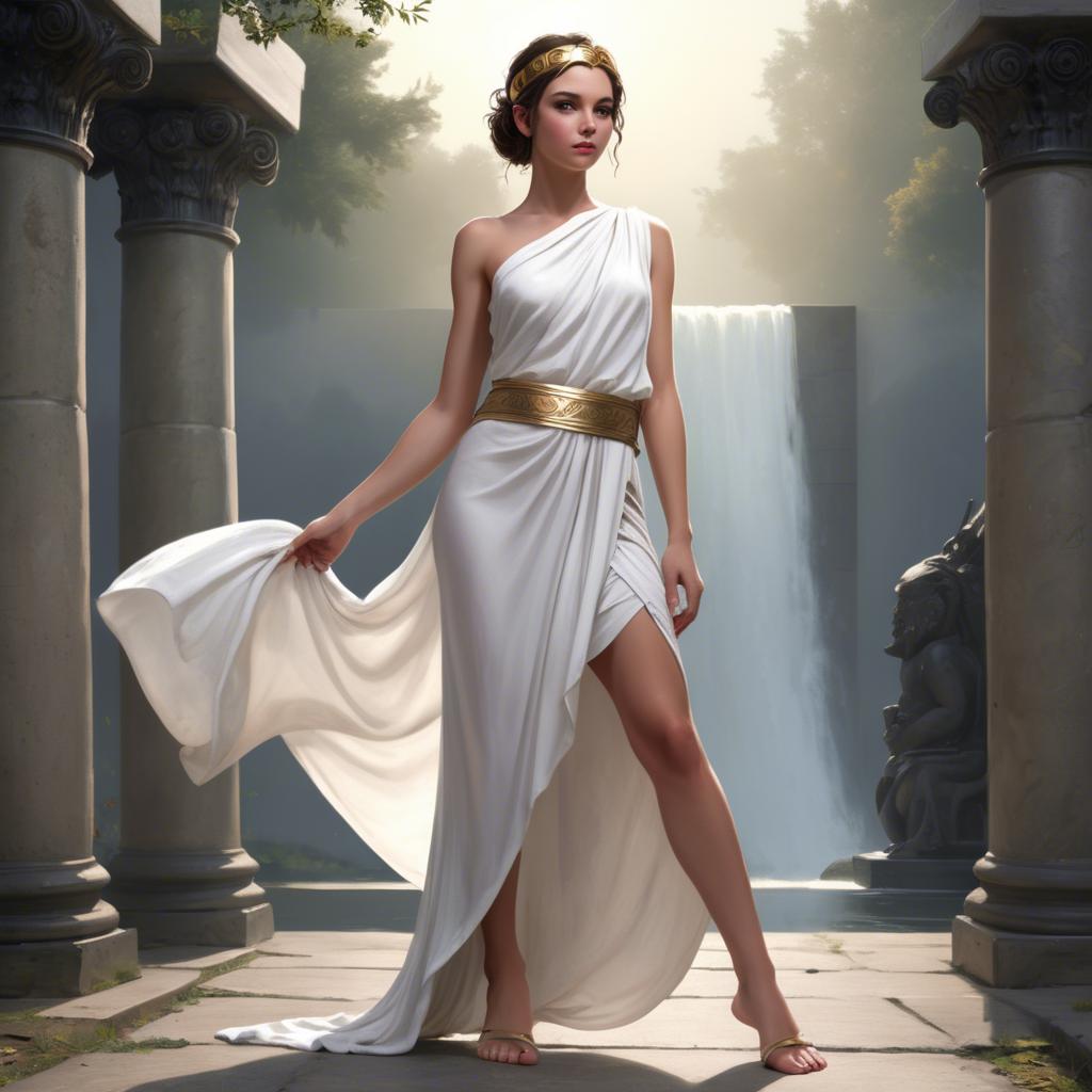 A stunning image of modern goddess in a white toga-style dress.