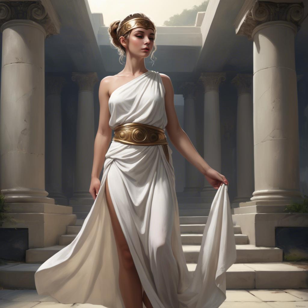 A stunning image of modern goddess in a white toga-style dress.