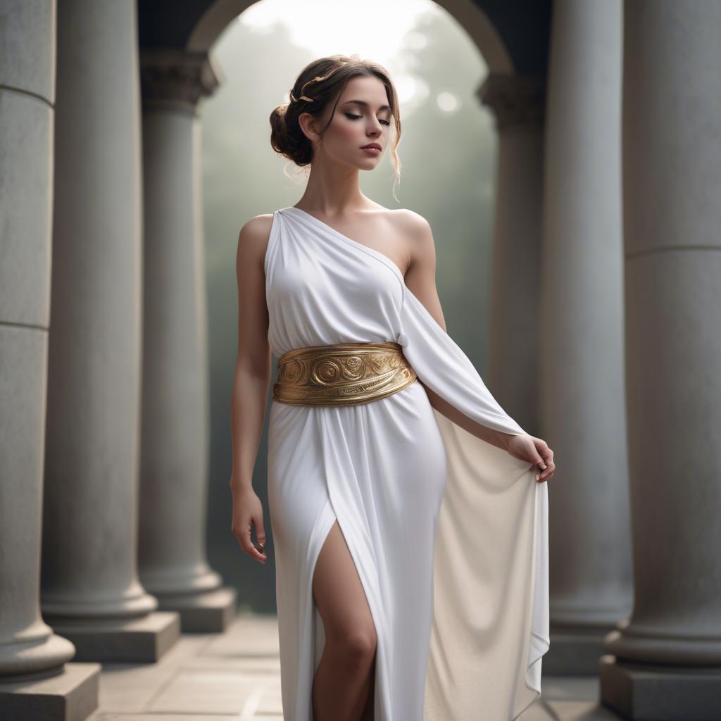 A stunning image of modern goddess in a white toga-style dress.