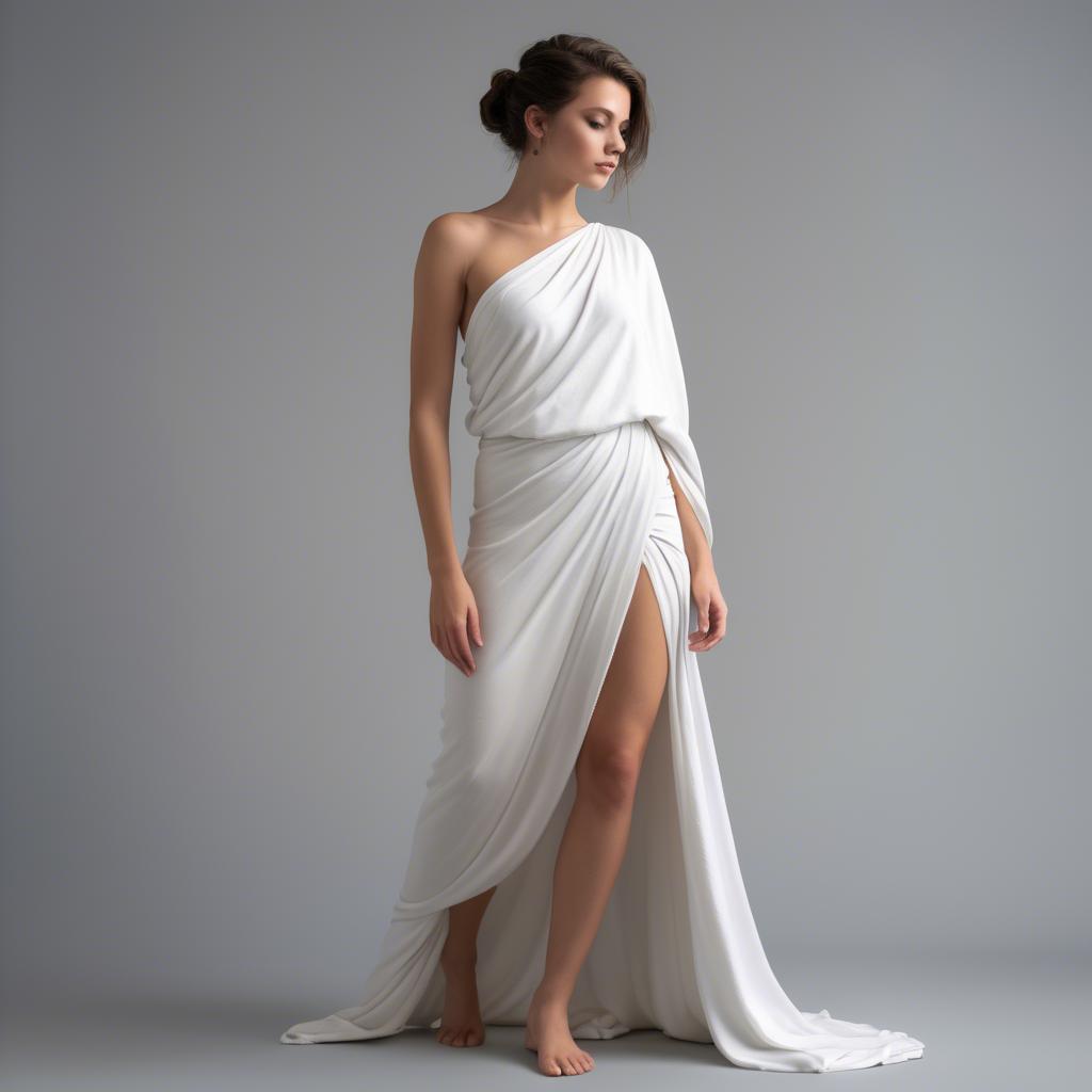 A stunning image of modern goddess in a white toga-style dress.