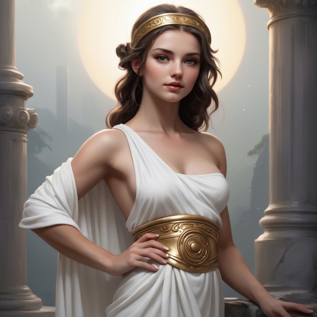 A stunning image of modern goddess in a white toga-style dress.