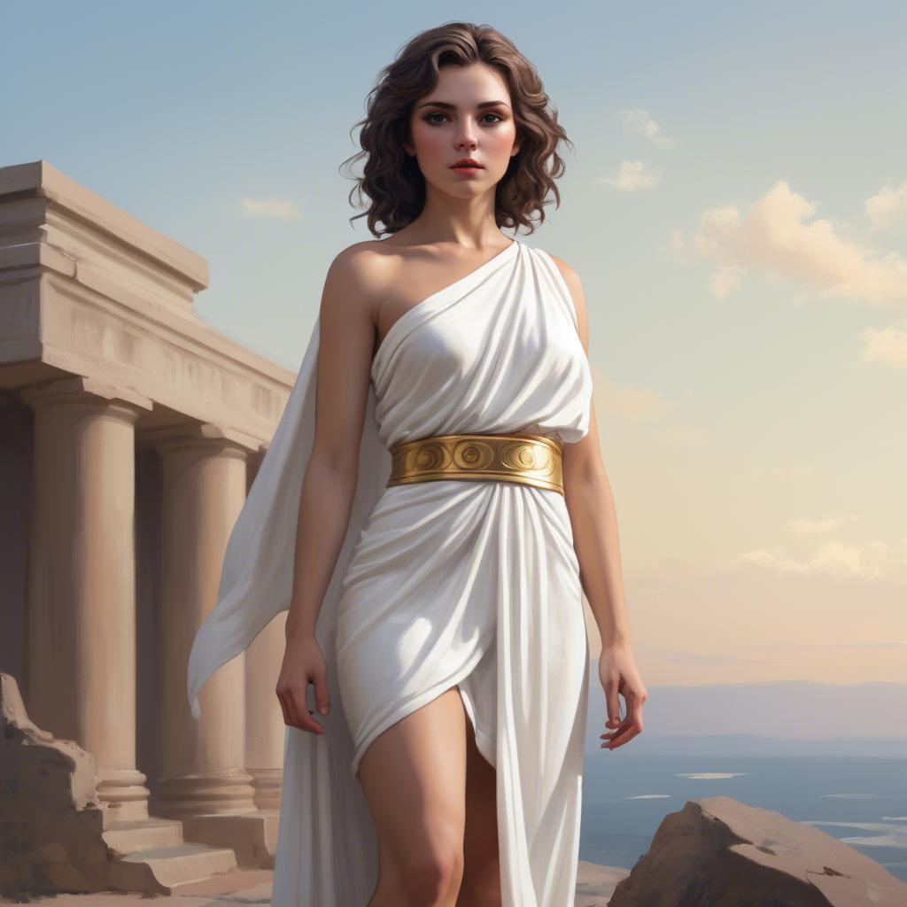 A stunning image of modern goddess in a white toga-style dress.