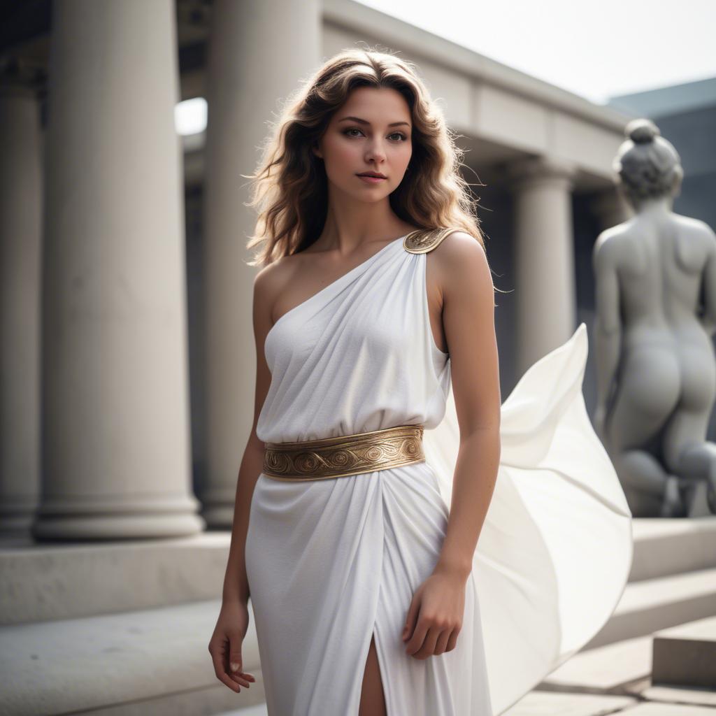 A stunning image of modern goddess in a white toga-style dress.