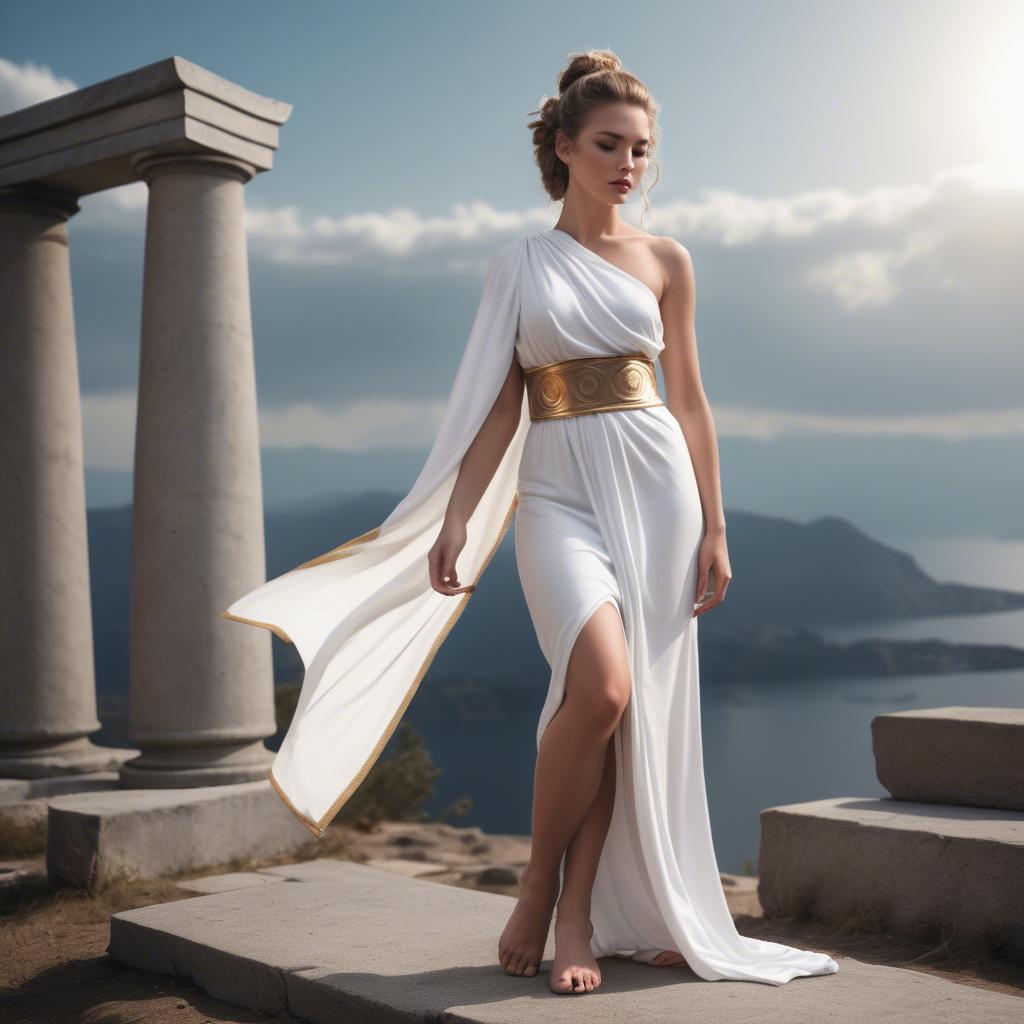 A stunning image of modern goddess in a white toga-style dress.