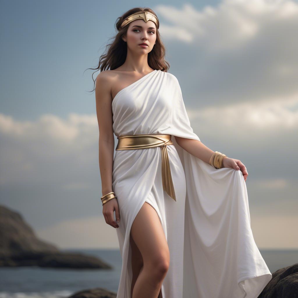 A stunning image of modern goddess in a white toga-style dress.