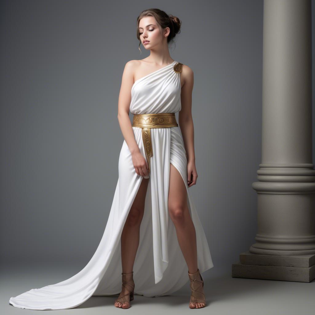 A stunning image of modern goddess in a white toga-style dress.