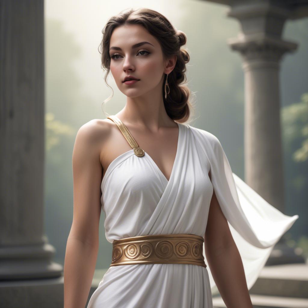 A stunning image of modern goddess in a white toga-style dress.