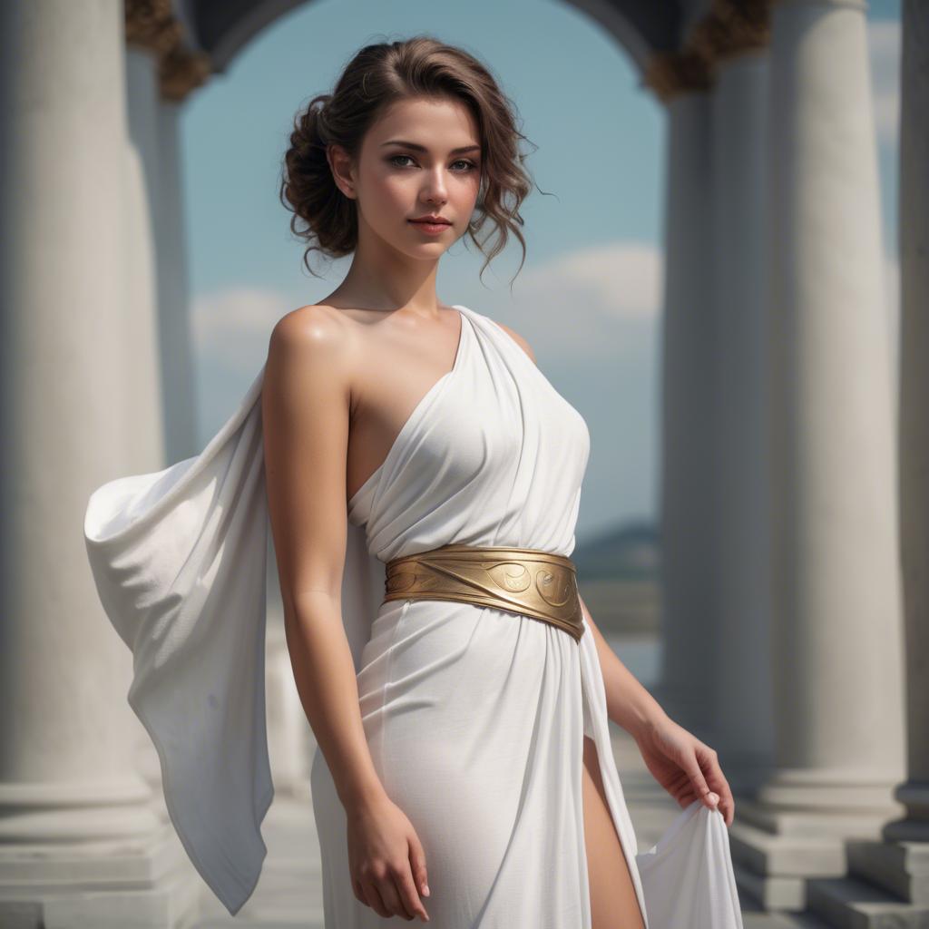 A stunning image of modern goddess in a white toga-style dress.