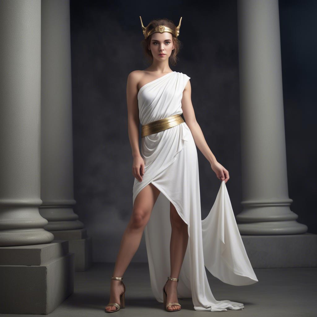 A stunning image of modern goddess in a white toga-style dress.