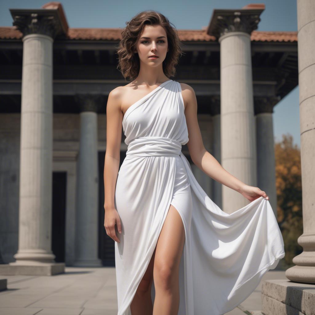 A stunning image of modern goddess in a white toga-style dress.