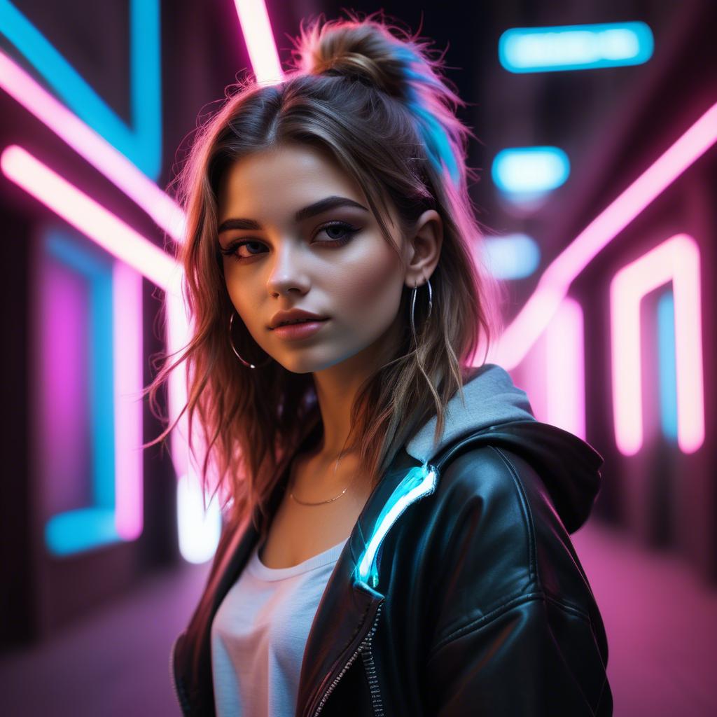 A stunning image of modern urban girl with neon lights.