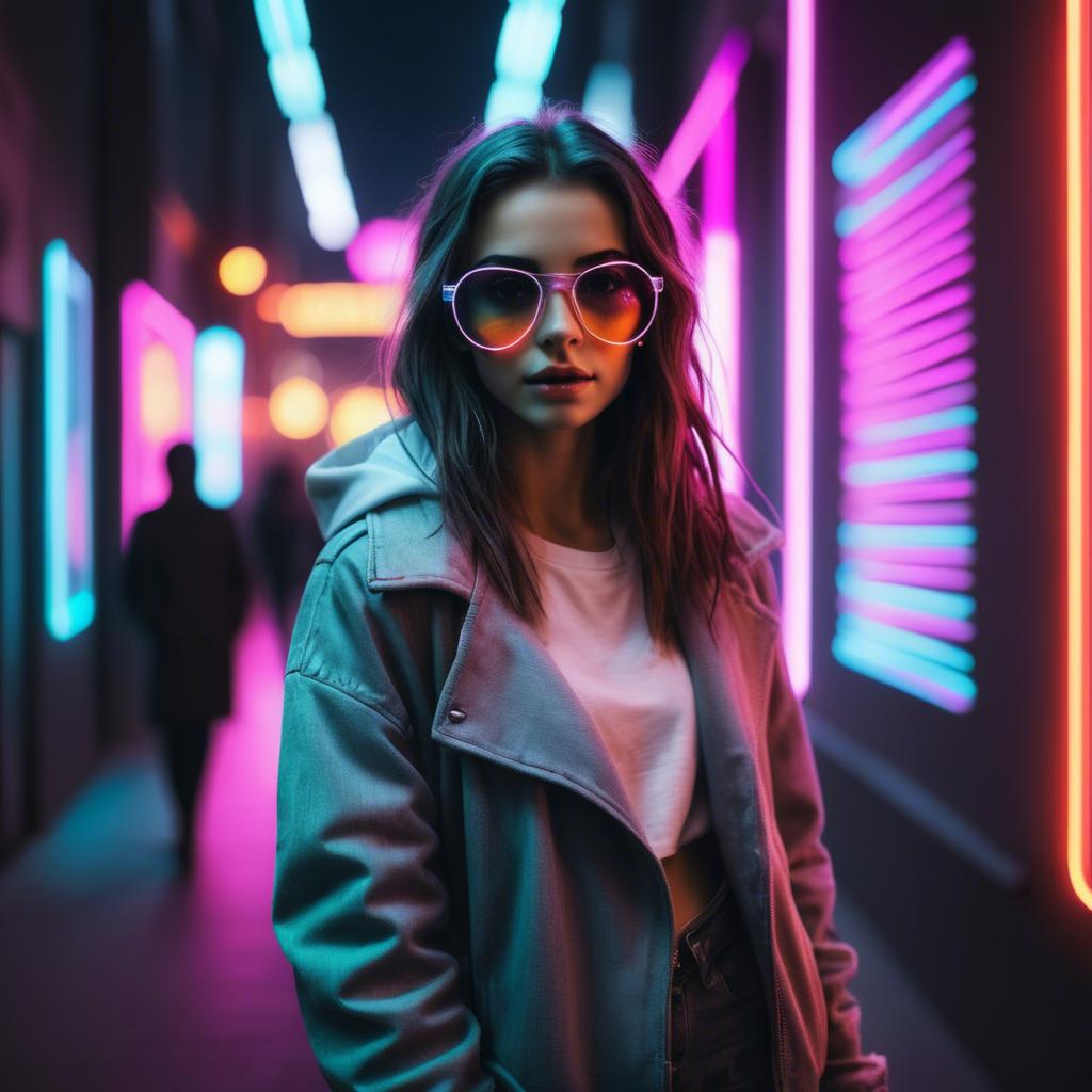 A stunning image of modern urban girl with neon lights.