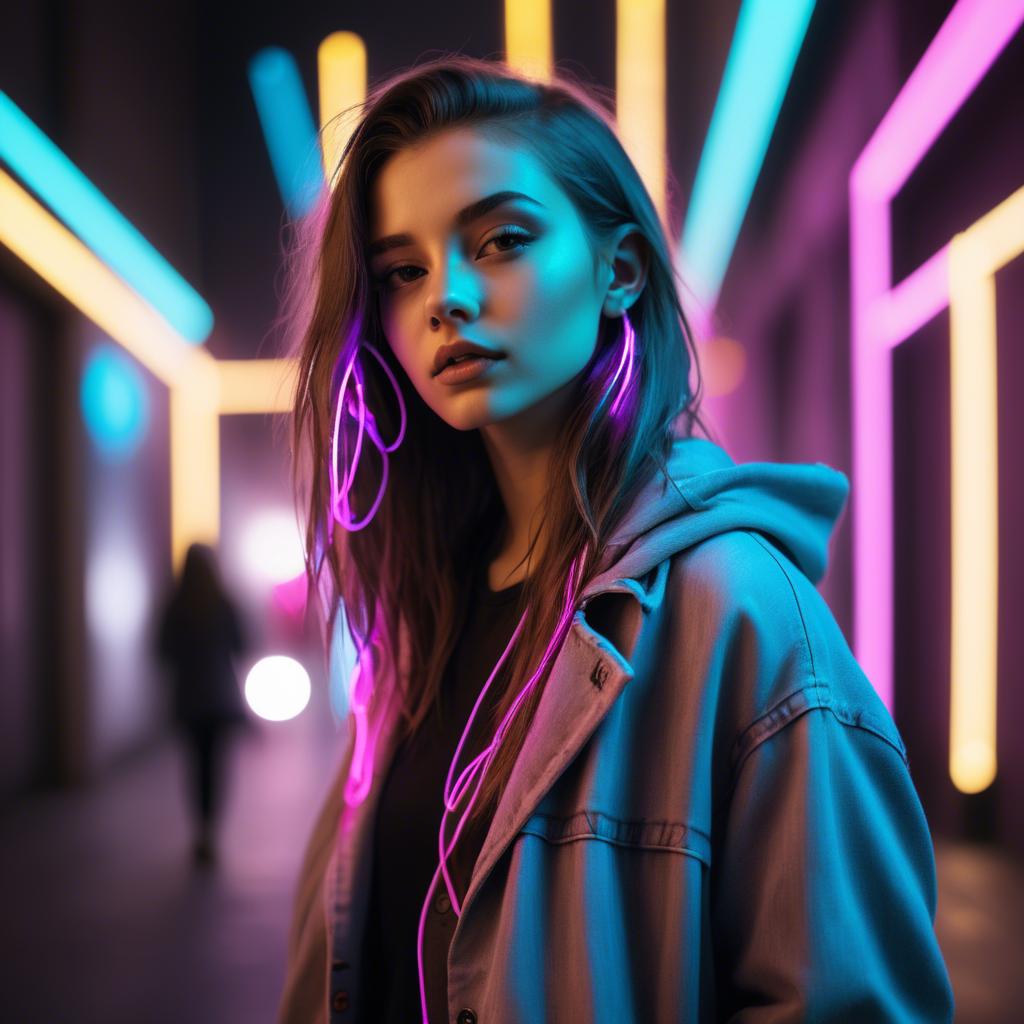 A stunning image of modern urban girl with neon lights.