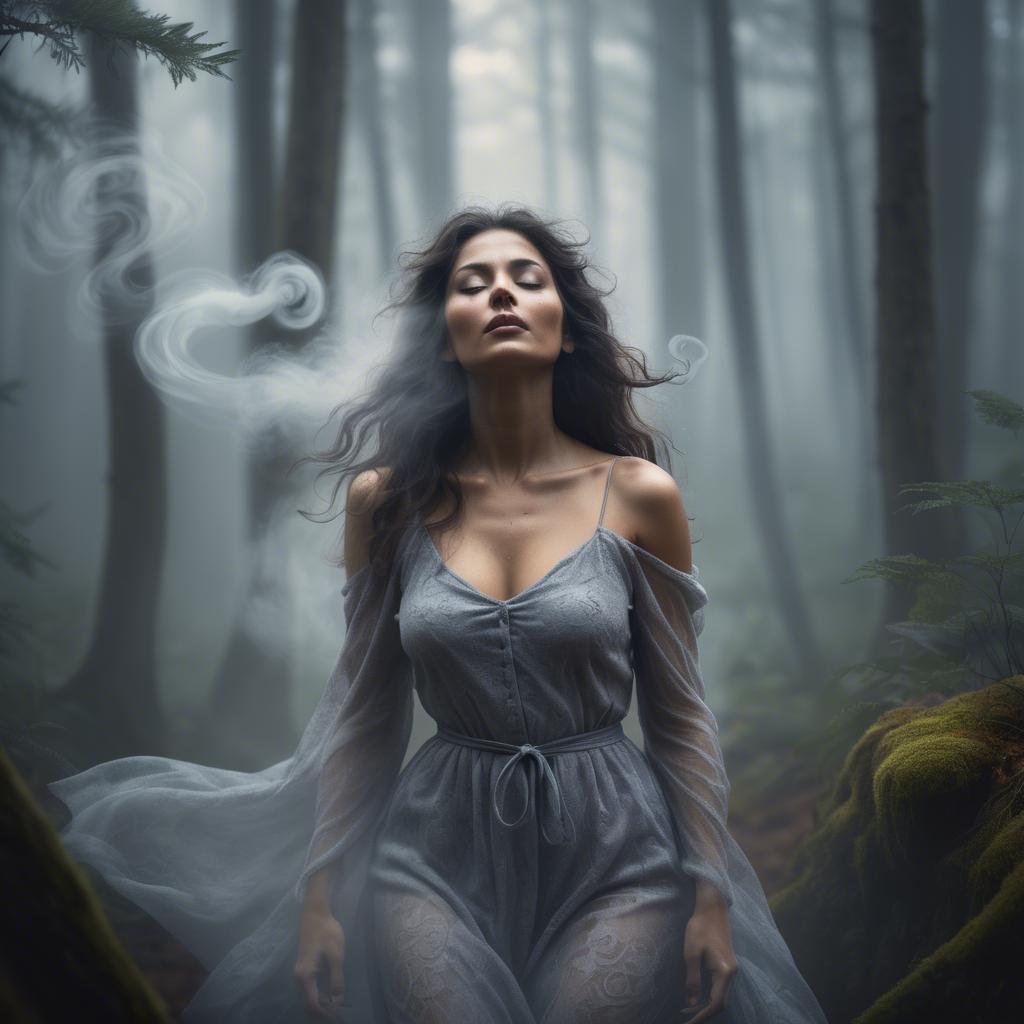 A stunning image of mystical woman surrounded by swirling mist in a forest.