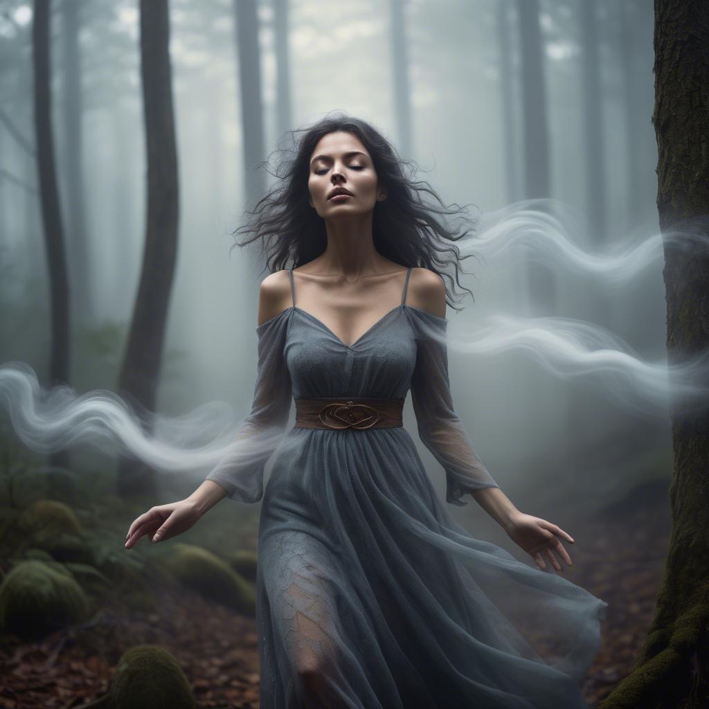 A stunning image of mystical woman surrounded by swirling mist in a forest.