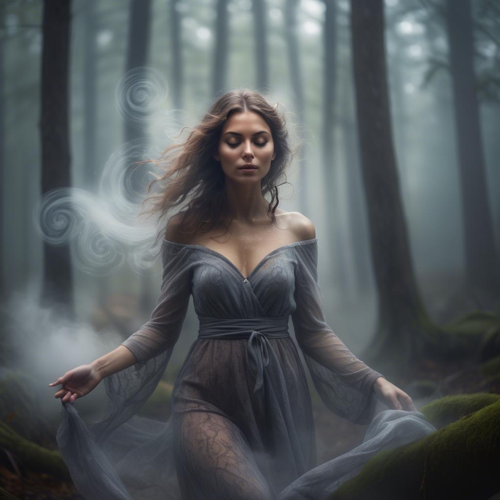 A stunning image of mystical woman surrounded by swirling mist in a forest.