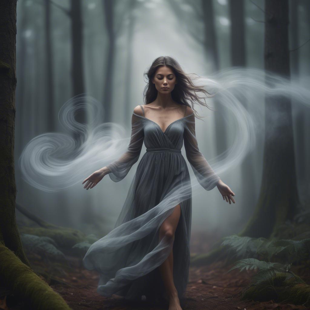 A stunning image of mystical woman surrounded by swirling mist in a forest.