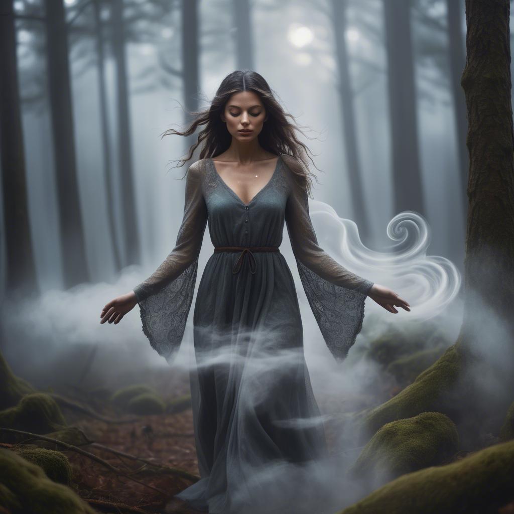 A stunning image of mystical woman surrounded by swirling mist in a forest.
