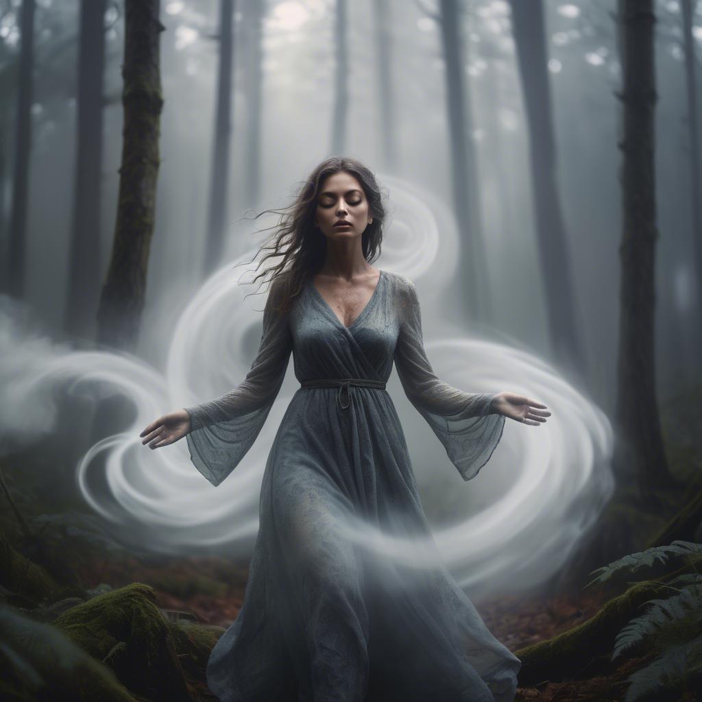 A stunning image of mystical woman surrounded by swirling mist in a forest.