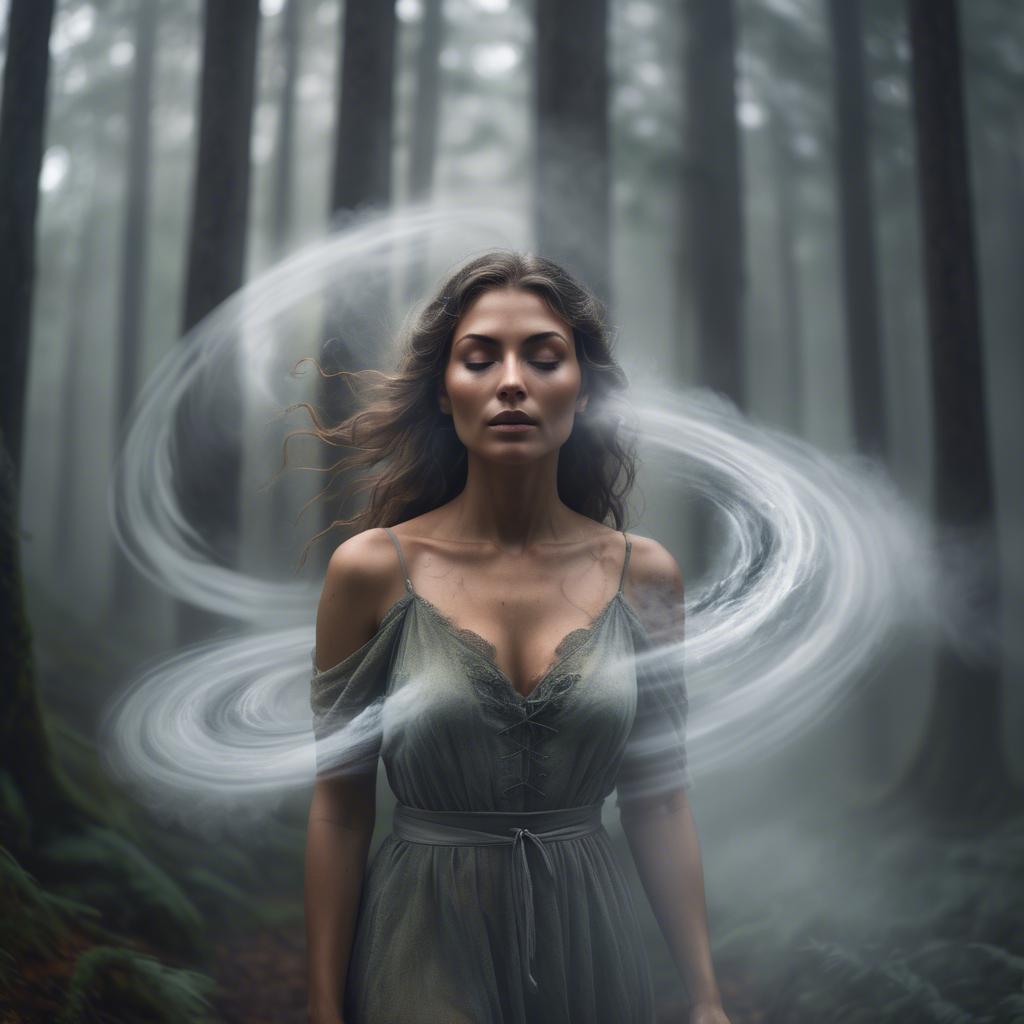A stunning image of mystical woman surrounded by swirling mist in a forest.